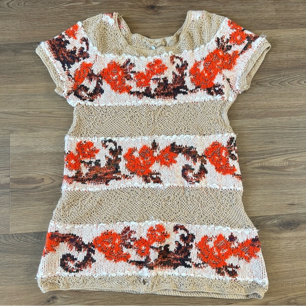 Knitted Knotted Anthropologie Short Sleeve Sweater Beige Orange Cottagecore‎ XS